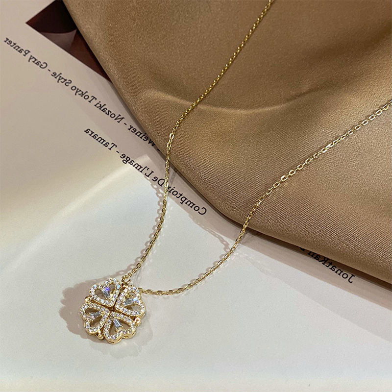 Magnetic Folding Heart Shaped Four Leaf Clover Necklace